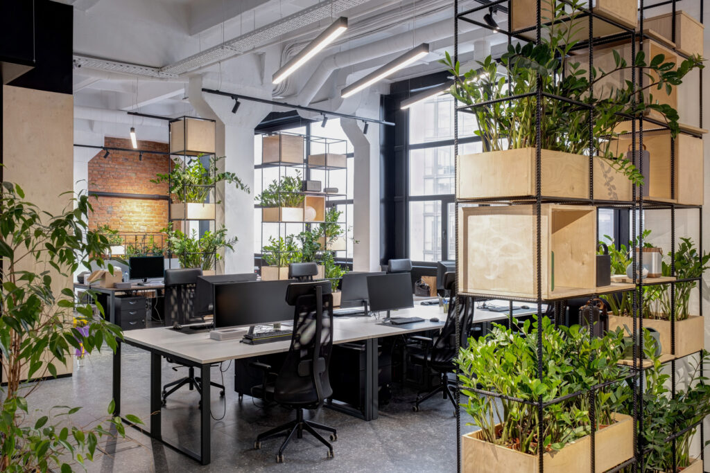 Clean modern office with indoor plants