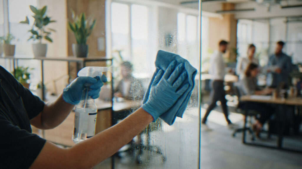 Commercial cleaner wiping an office window