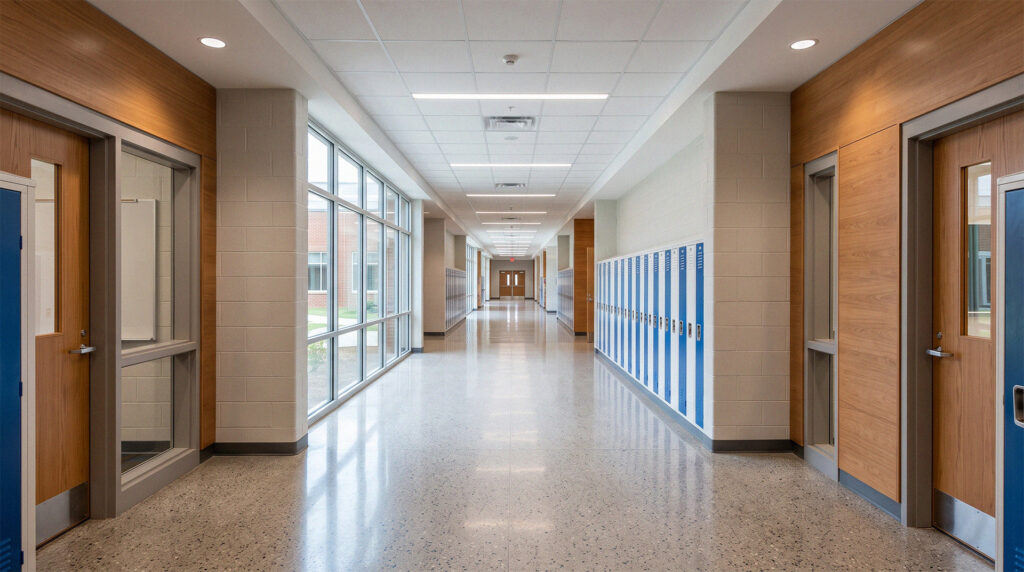 Clean school hallway in a campus facility
