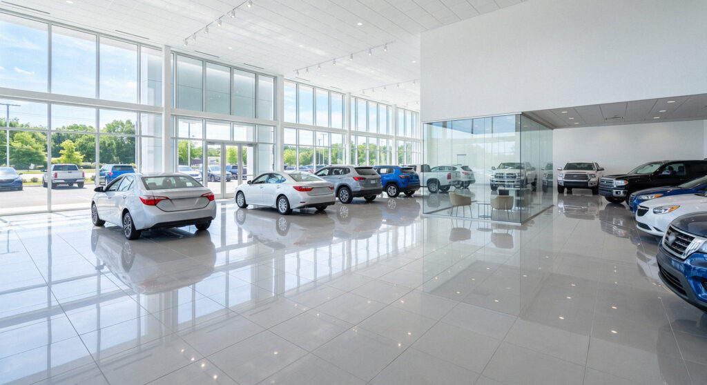 Clean car dealership showroom prepared for customers