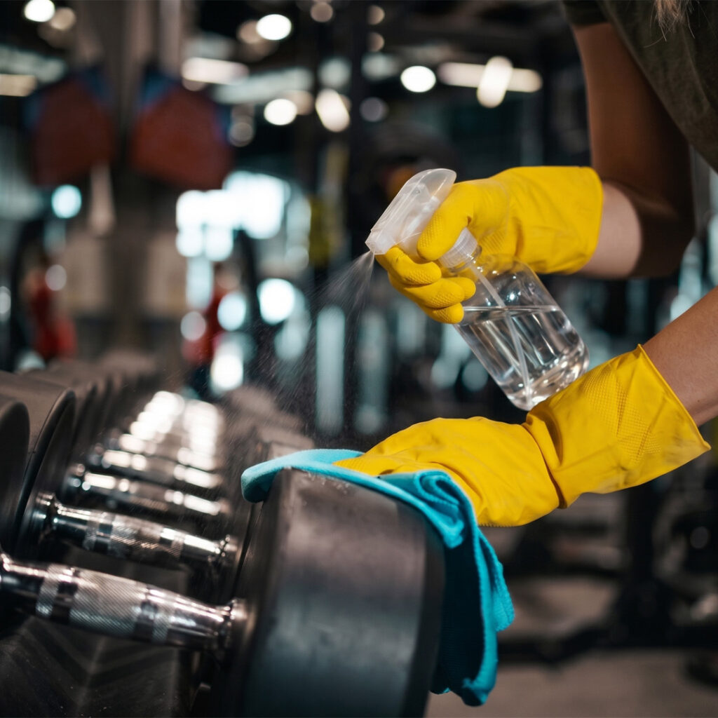 Clean dumbbells and strength training area in a fitness center