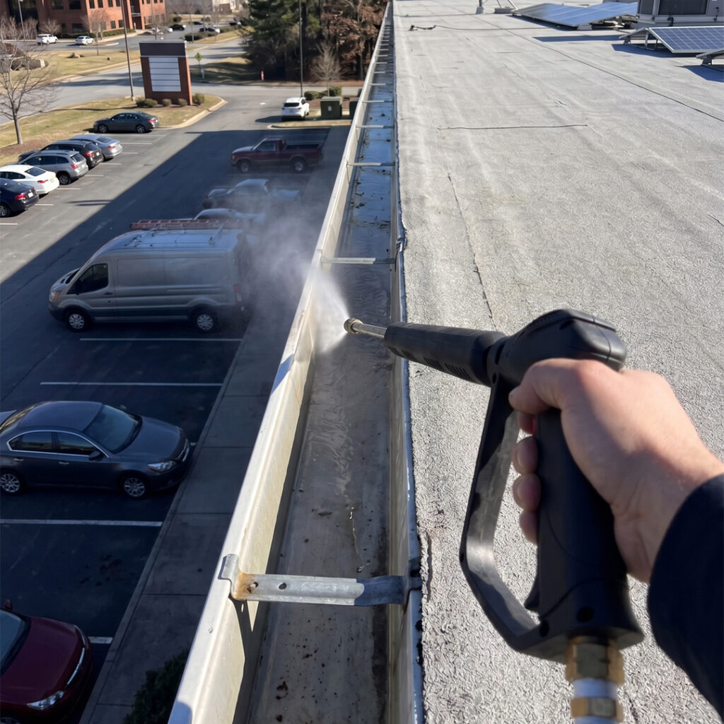Commercial pressure washing around a building gutter