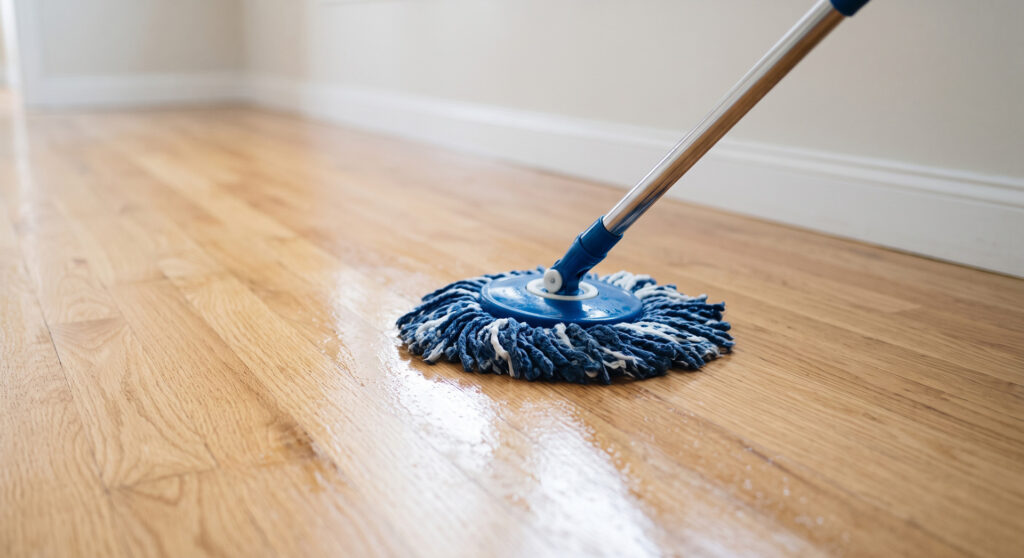 Commercial cleaner mopping a vacant property after a tenant move-out